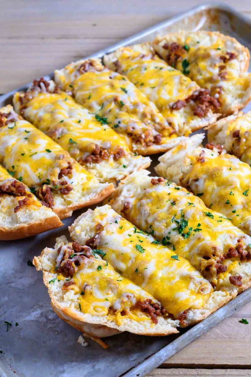 Ground Beef and Garlic Bread Recipe on a baking sheet.