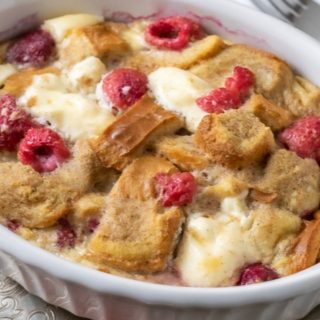 Raspberry Cream Cheese French Toast Casserole in a baking dish.