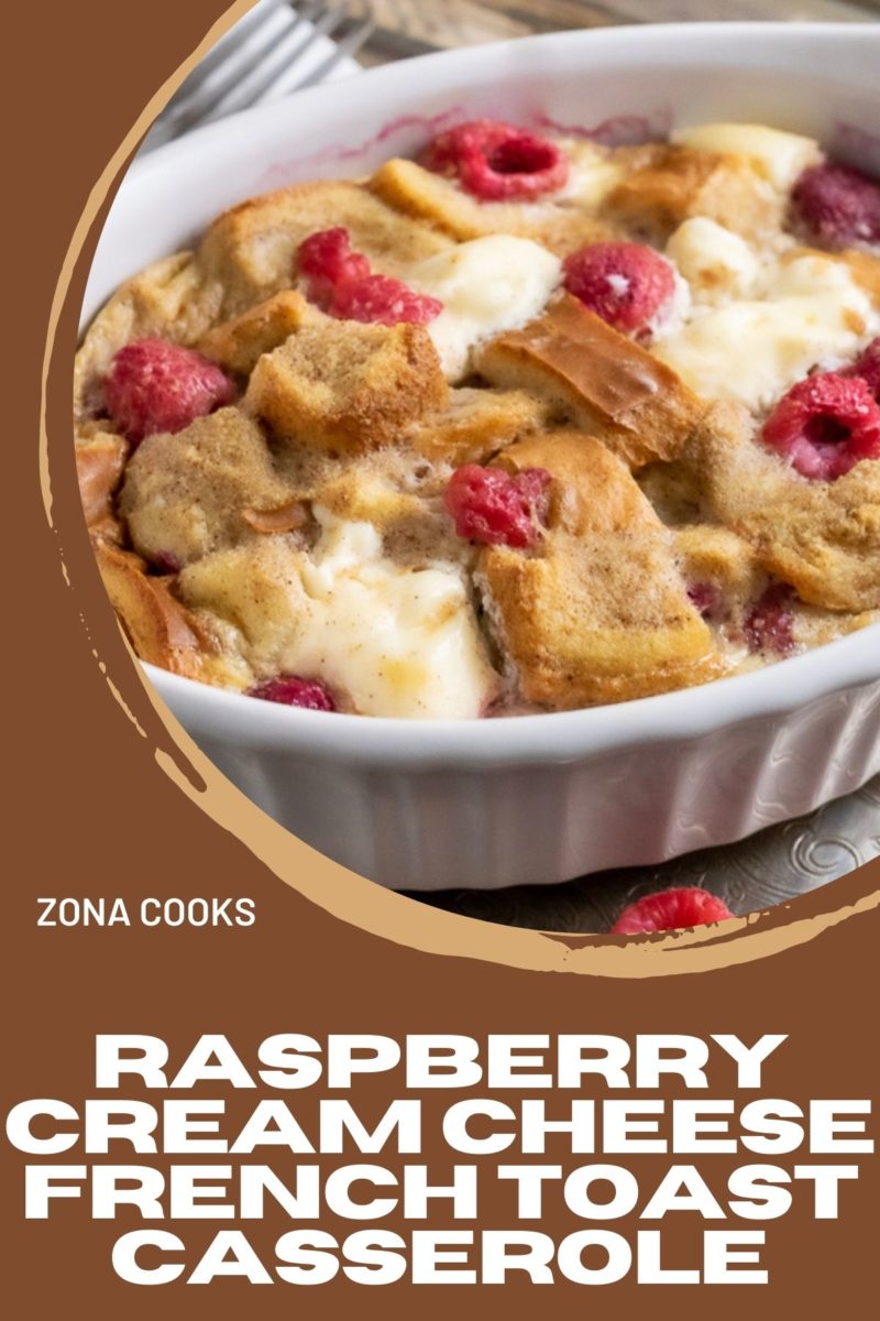 Raspberry Cream Cheese French Toast Casserole in a baking dish.
