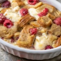 Raspberry Cream Cheese French Toast Casserole in a baking dish.