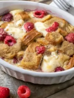 Raspberry Cream Cheese French Toast Casserole in a baking dish.