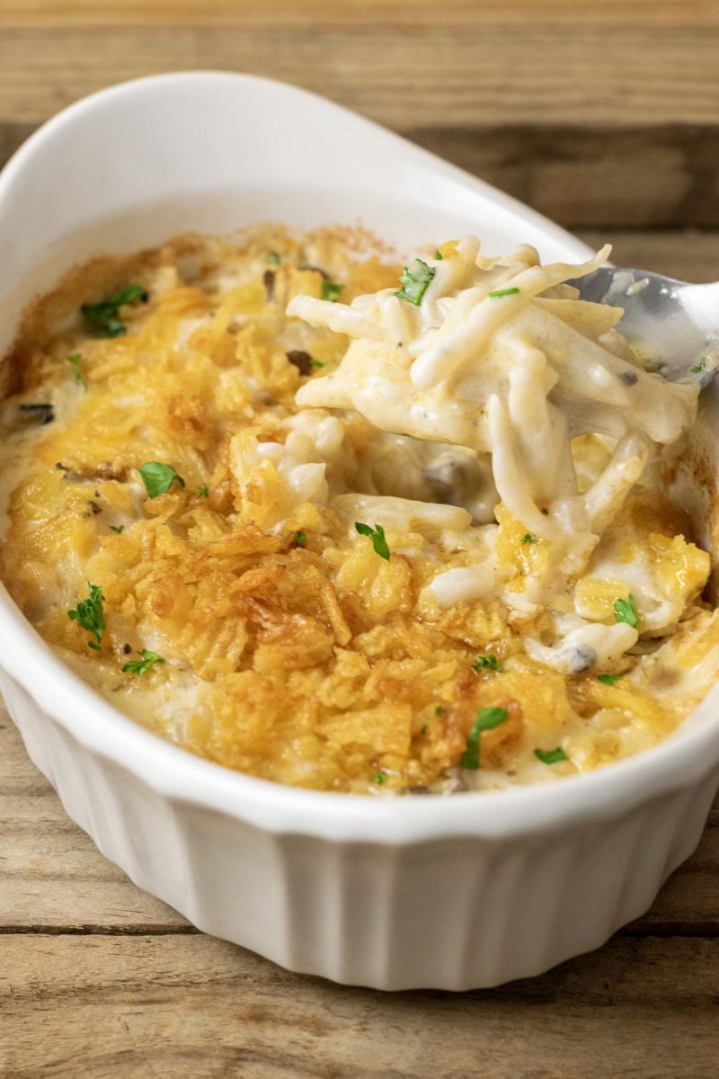 5 Ingredient Hash Brown Casserole in a casserole dish.
