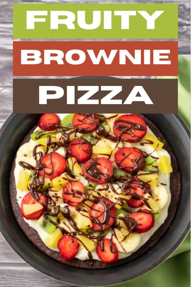 Fruity Brownie Pizza in a pie pan.