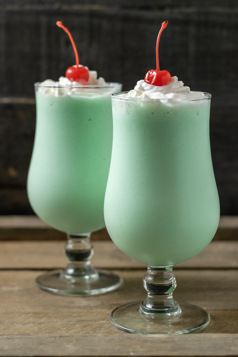 5 Ingredient Mint Shamrock Shakes in two tall glasses.