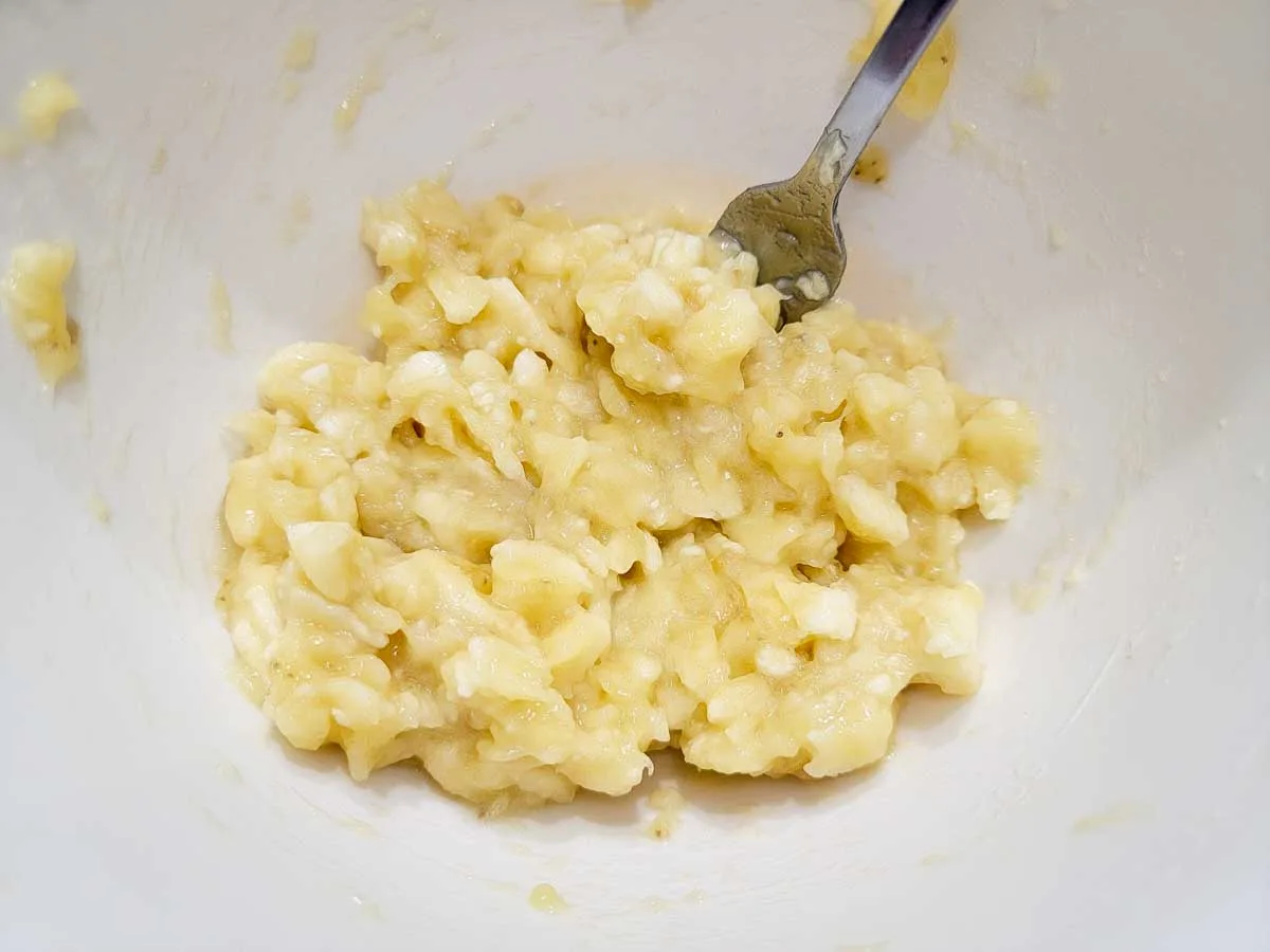 mashed bananas in a bowl.