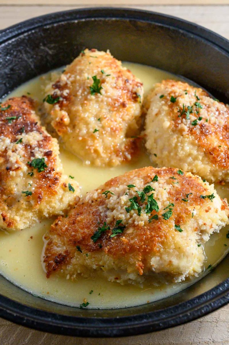 Macadamia Nut Chicken with Honey Brown Butter Cream Sauce in a frying pan.