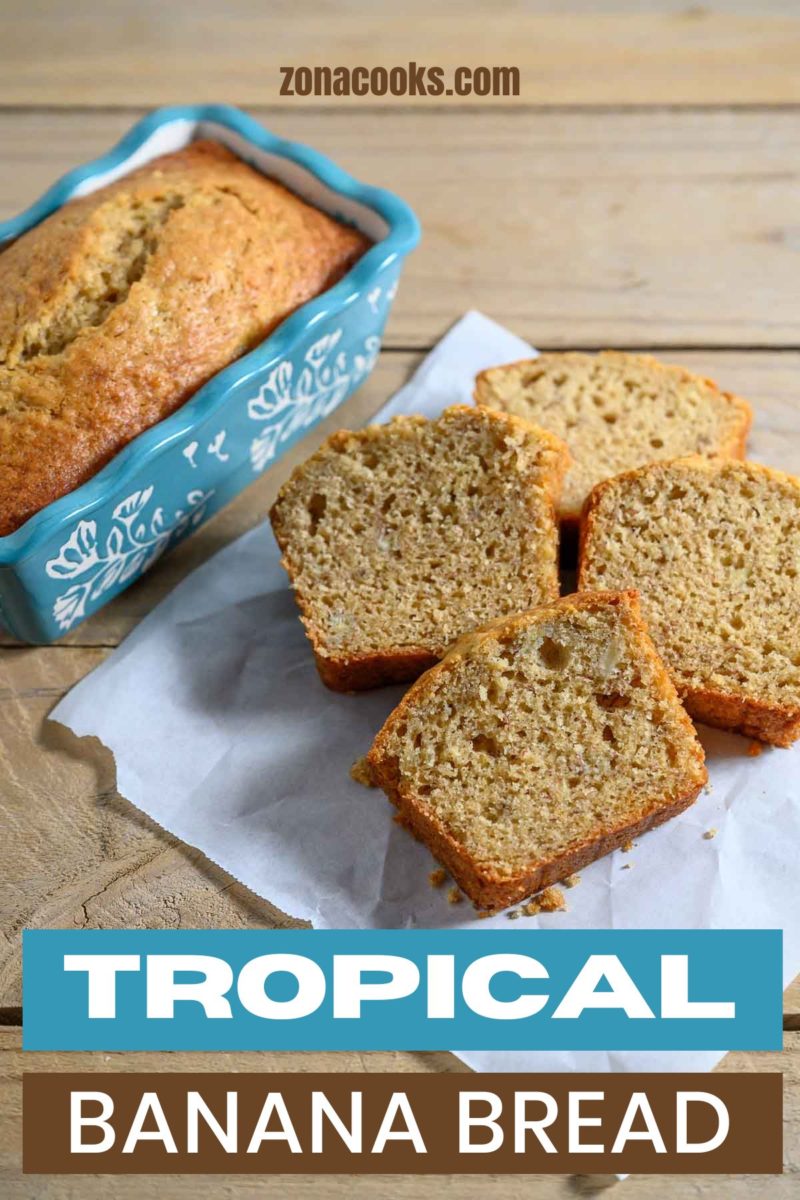 Tropical Banana Bread slices on parchment paper.