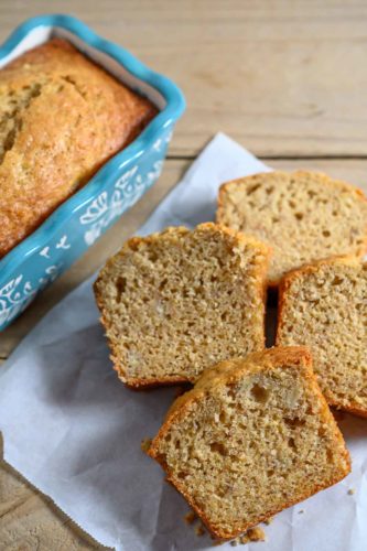 Maui Banana Bread slices on parchment paper.
