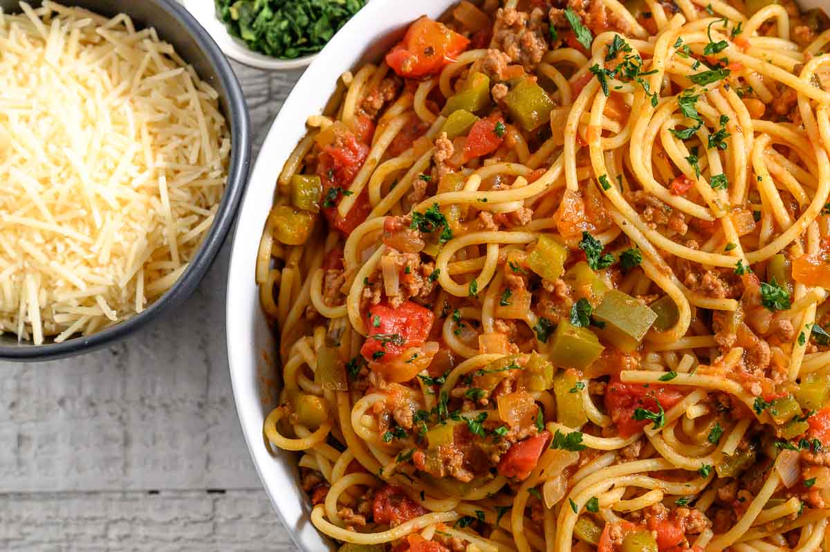Veggie and Meat Spaghetti (with Vegan option) in a bowl.