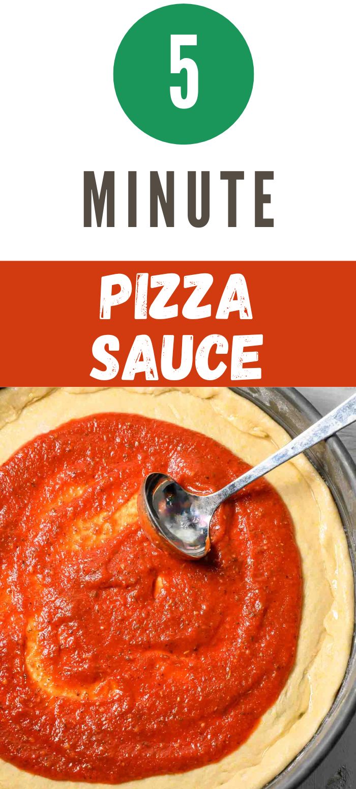 5 minute pizza sauce spread on pizza dough with a small ladle.