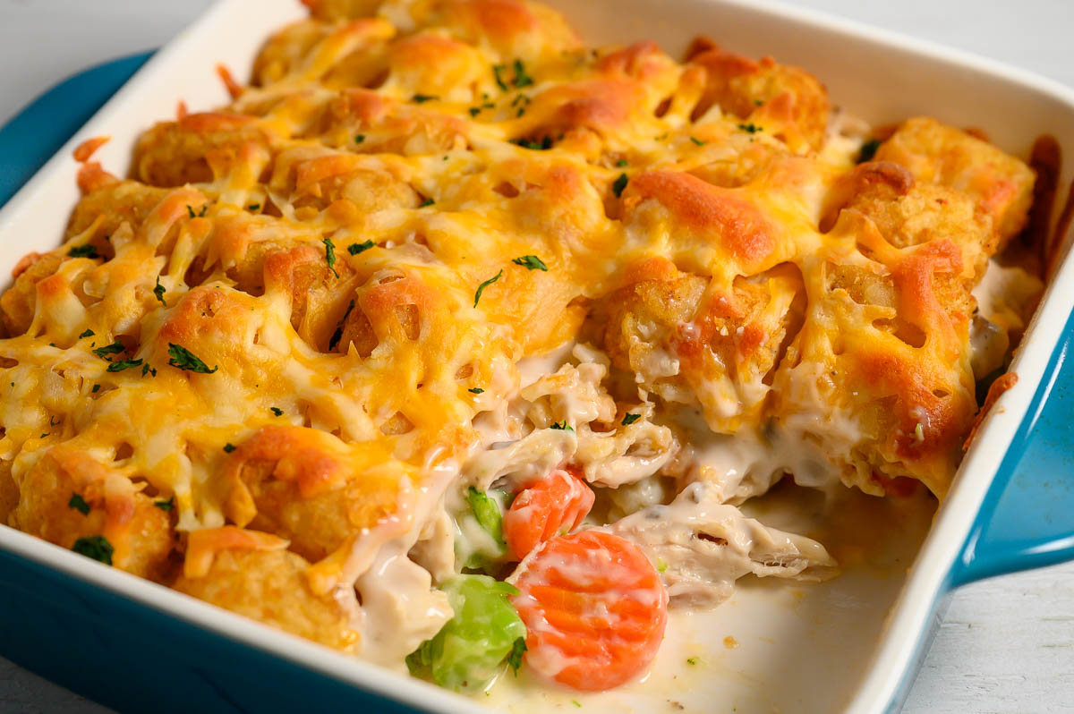 6 Ingredient Tater Tot Casserole in a baking dish.