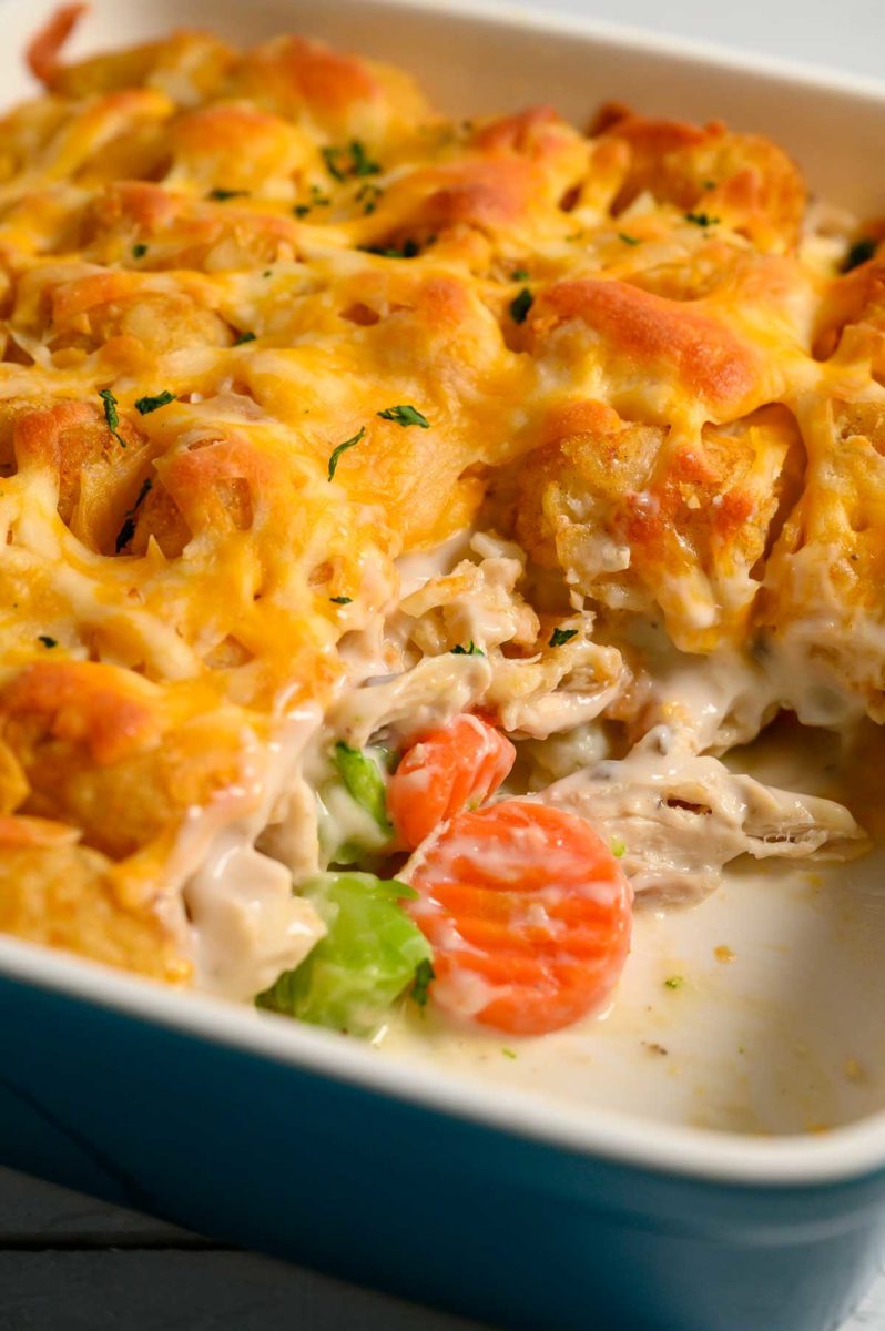 6 Ingredient Tater Tot Casserole in a baking dish.