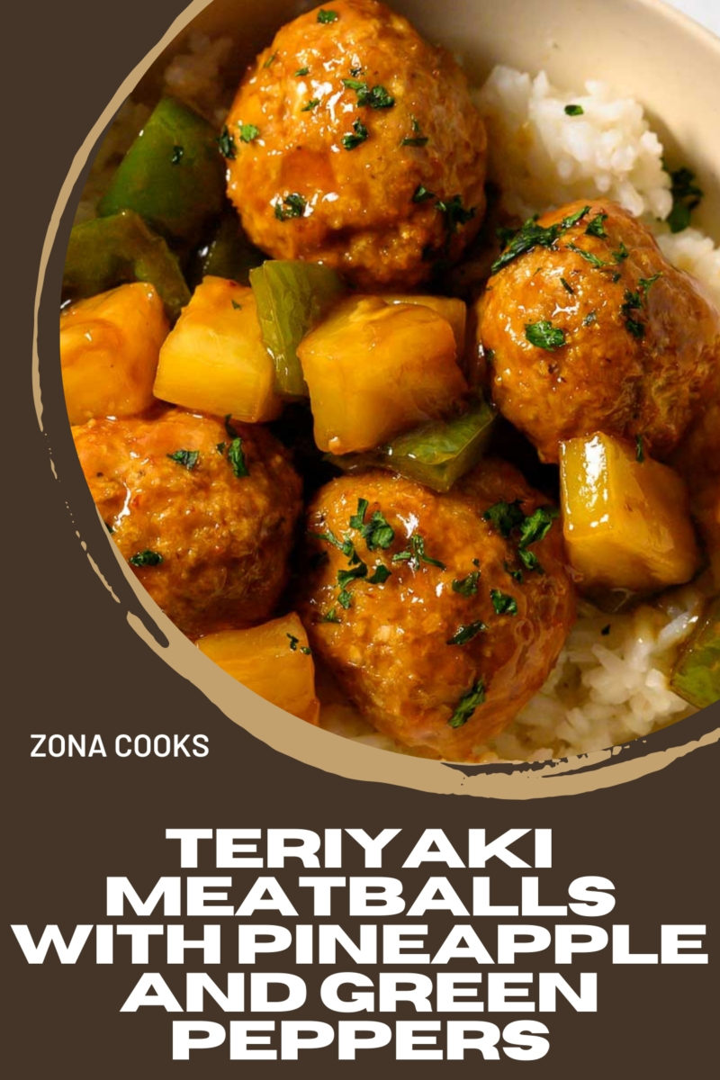 Teriyaki Meatballs with Pineapple and Green Peppers over rice.