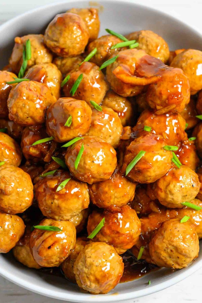 6 Ingredient Orange Chicken Meatballs in a dish.