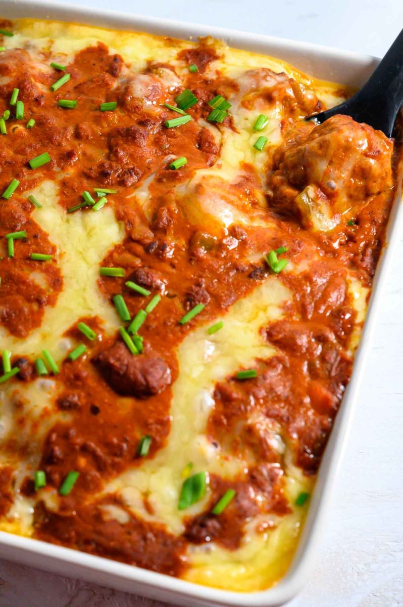 7 Ingredient Enchilada Meatball Casserole in a baking dish.
