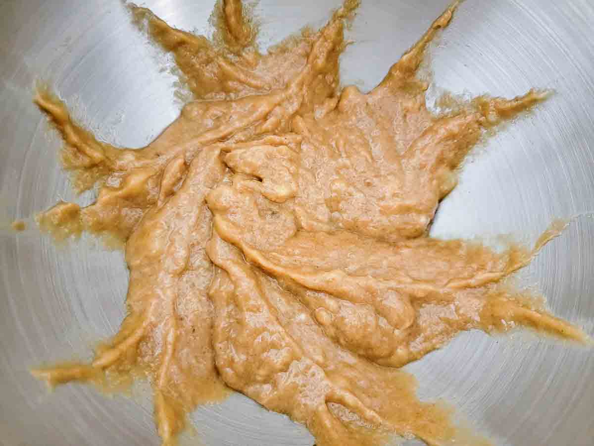 mashed banana, peanut butter, brown sugar, and vanilla extract in a bowl.