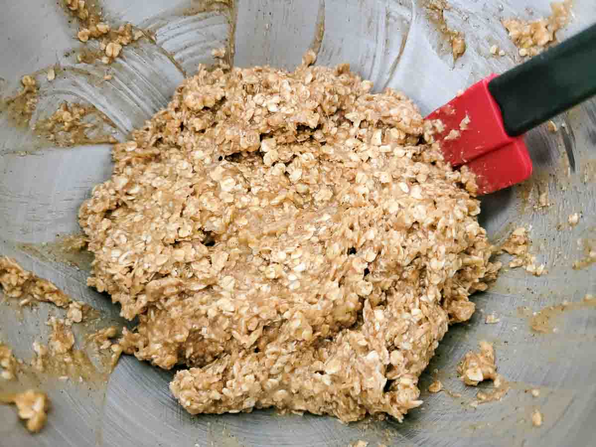 mashed banana, peanut butter, brown sugar, quick oats, cinnamon, baking powder, and vanilla extract in a bowl.