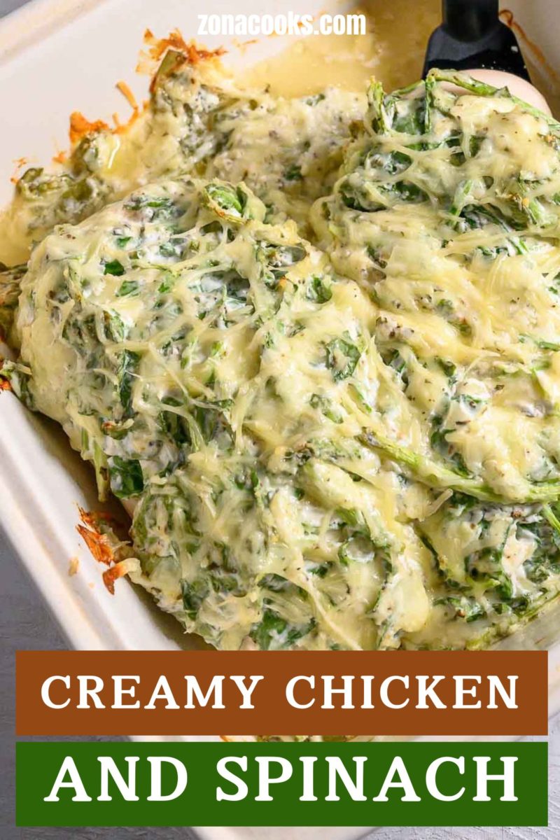 Creamy Chicken and Spinach in a baking dish.
