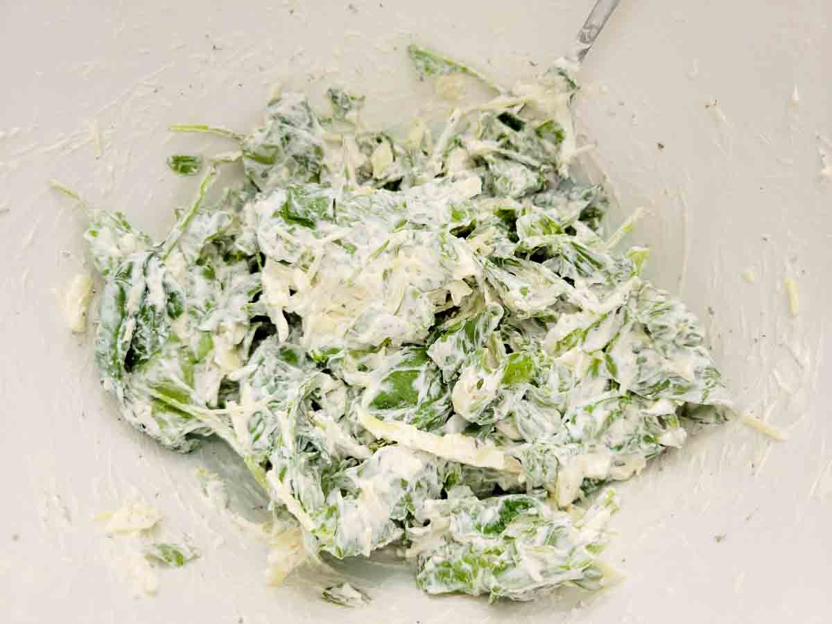 baby spinach leaves, mozzarella, sour cream, Parmesan, oregano, basil, garlic powder, salt and pepper in a bowl.