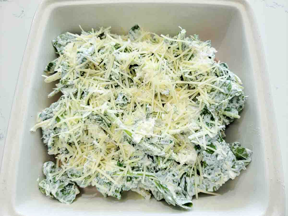 chicken breasts topped with parmesan cheese, baby spinach leaves, mozzarella, sour cream, Parmesan, oregano, basil, garlic powder, salt and pepper in a casserole dish.