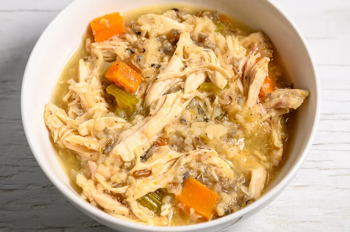 Crockpot Chicken and Wild Rice Soup in a bowl.