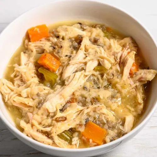 Crockpot Chicken and Wild Rice Soup in a bowl.