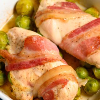 Roasted Chicken and Brussels Sprouts in a baking dish.