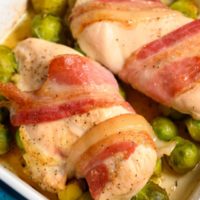 Roasted Chicken and Brussels Sprouts in a baking dish.