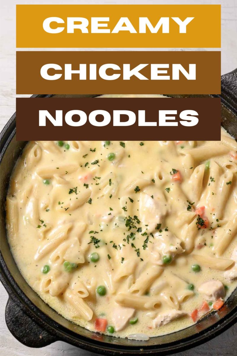 Creamy Chicken Noodles in a skillet.