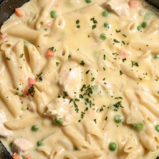 Chicken Pot Pie Pasta in a skillet.