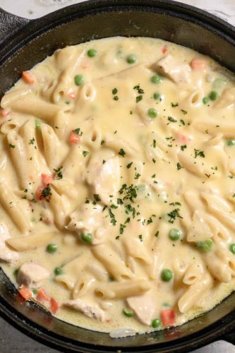 Chicken Pot Pie Pasta in a skillet.