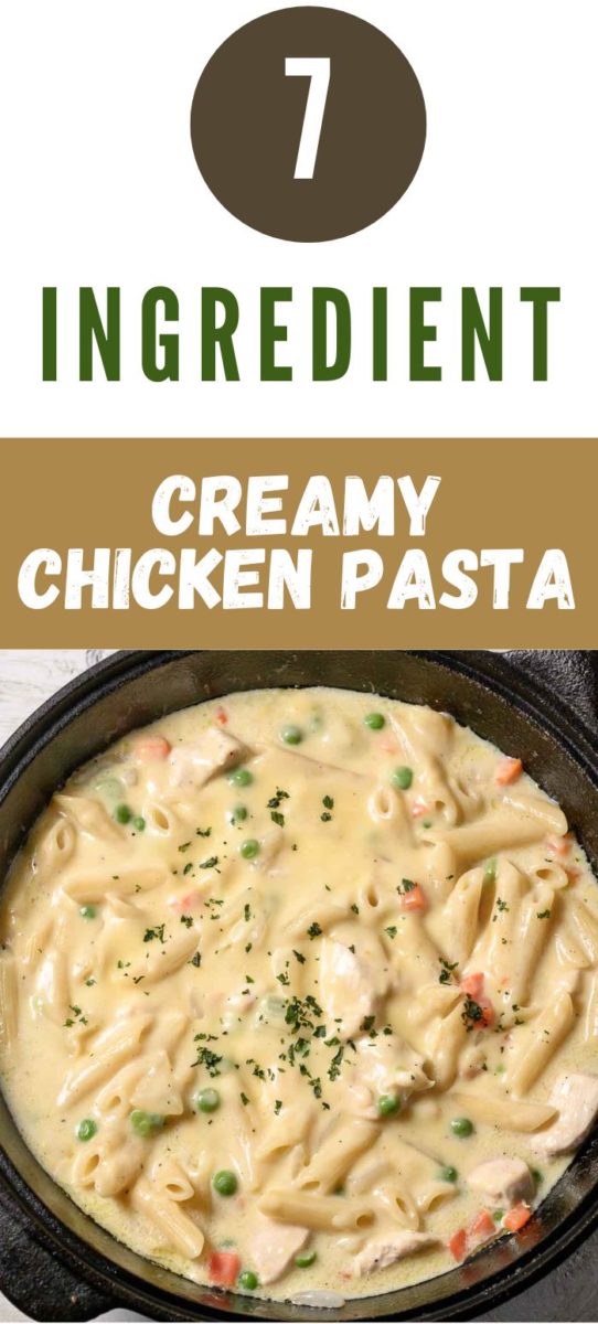 7 Ingredient Creamy Chicken Pasta in a cast iron skillet.