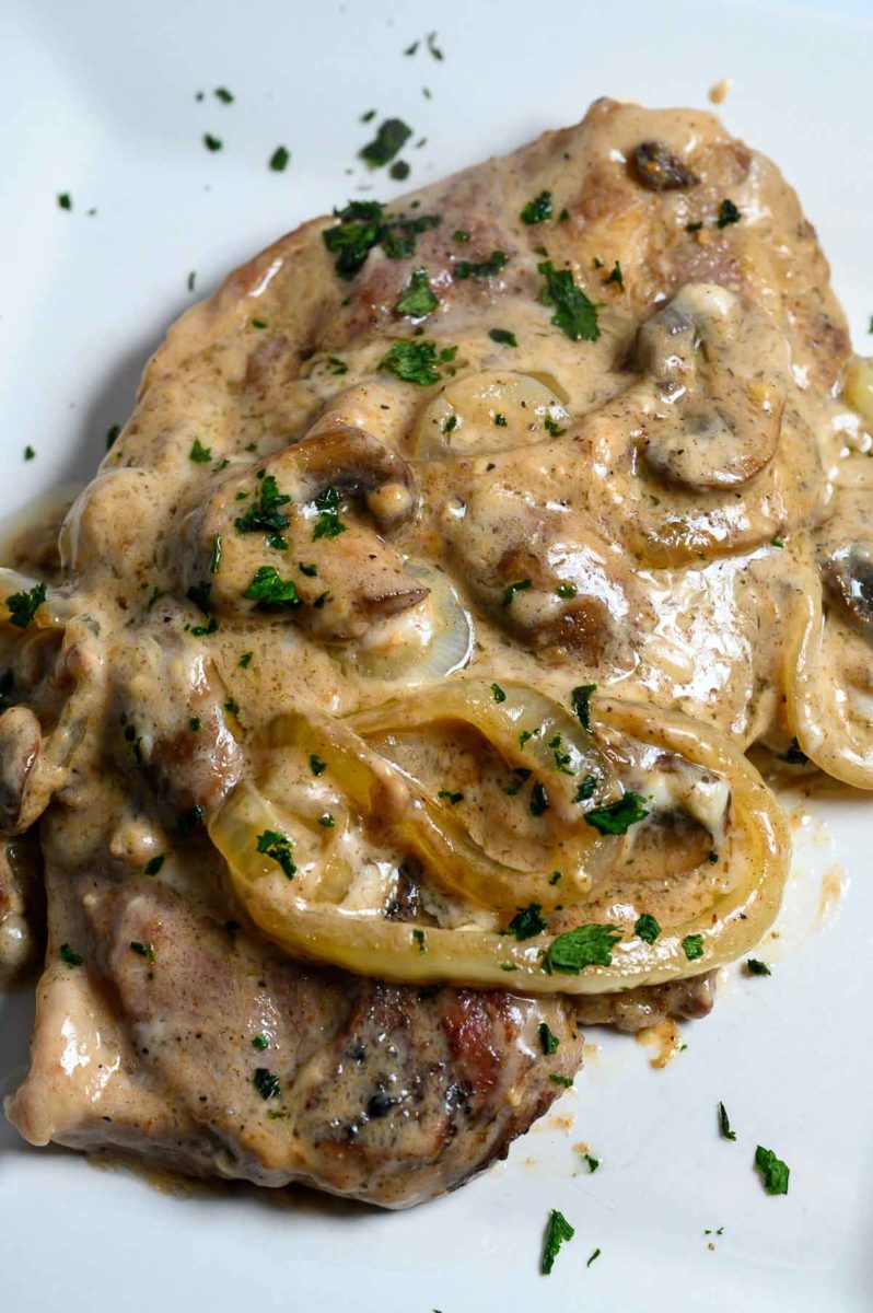 Creamy Mushroom Pork Steak on a plate.