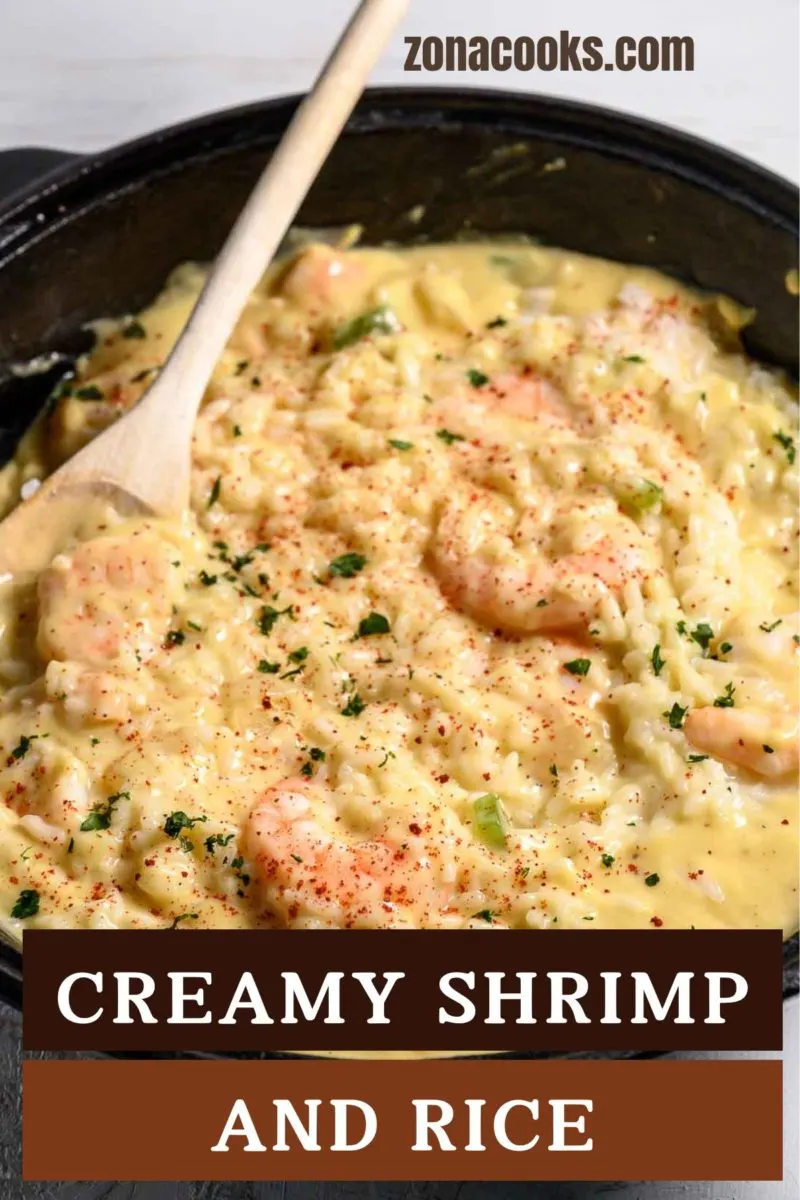 Creamy Shrimp and Rice in a frying pan.