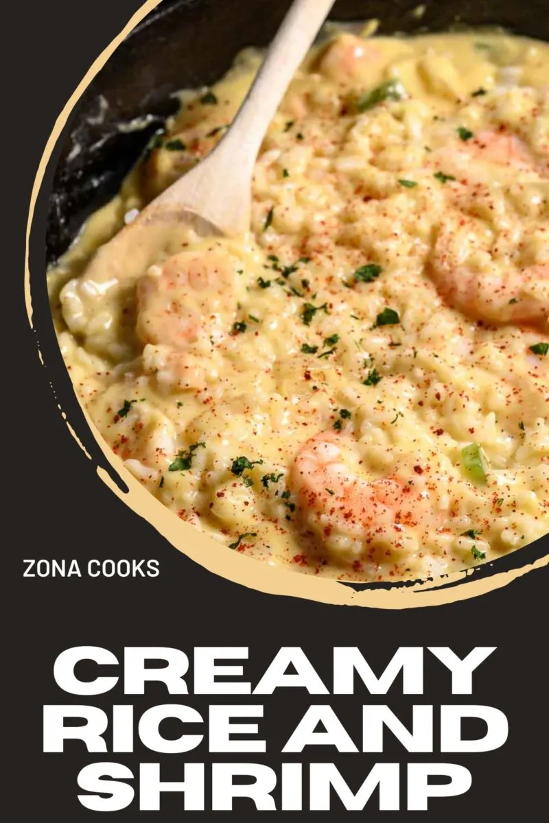 Creamy Rice and Shrimp in a skillet.