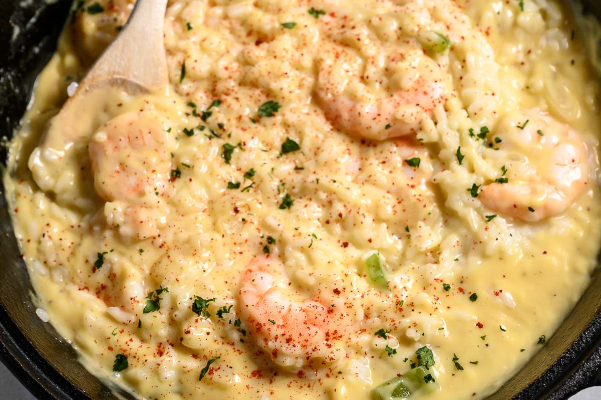 Creamy Shrimp and Rice in a skillet.