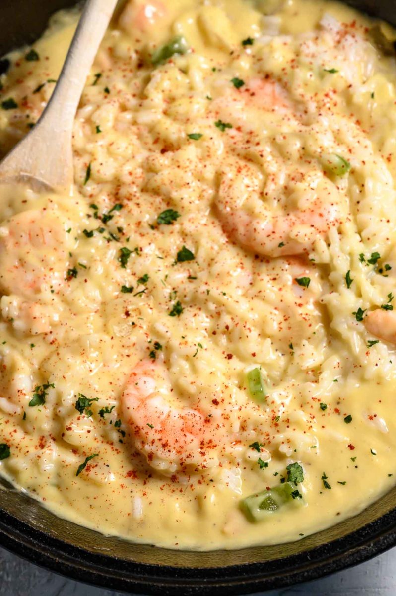 Creamy Shrimp and Rice in a cast iron skillet.