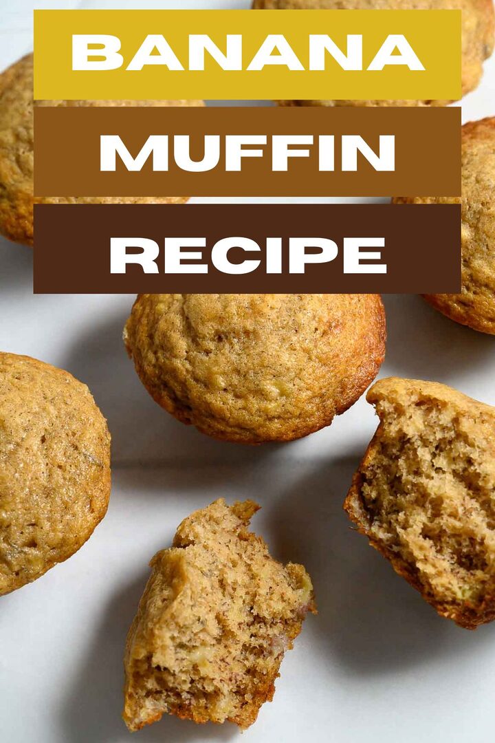 banana muffin recipe graphic with muffins on a plate.