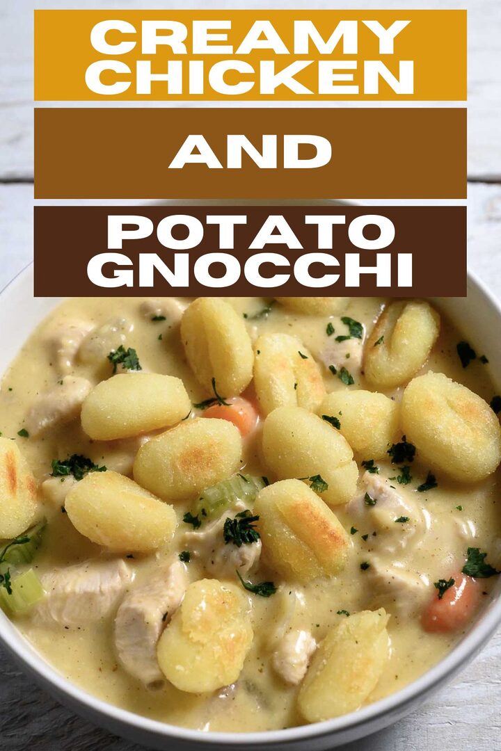 creamy chicken and potato gnocchi in a bowl.