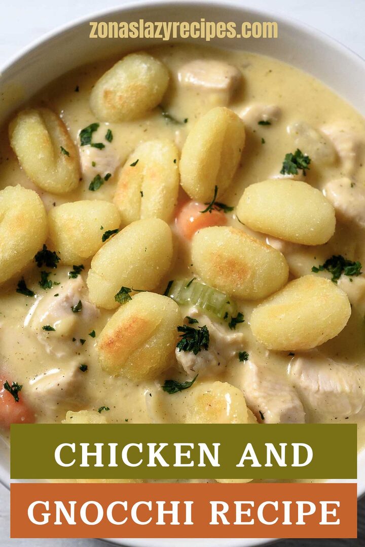 chicken and gnocchi recipe graphic with the stew in a bowl.