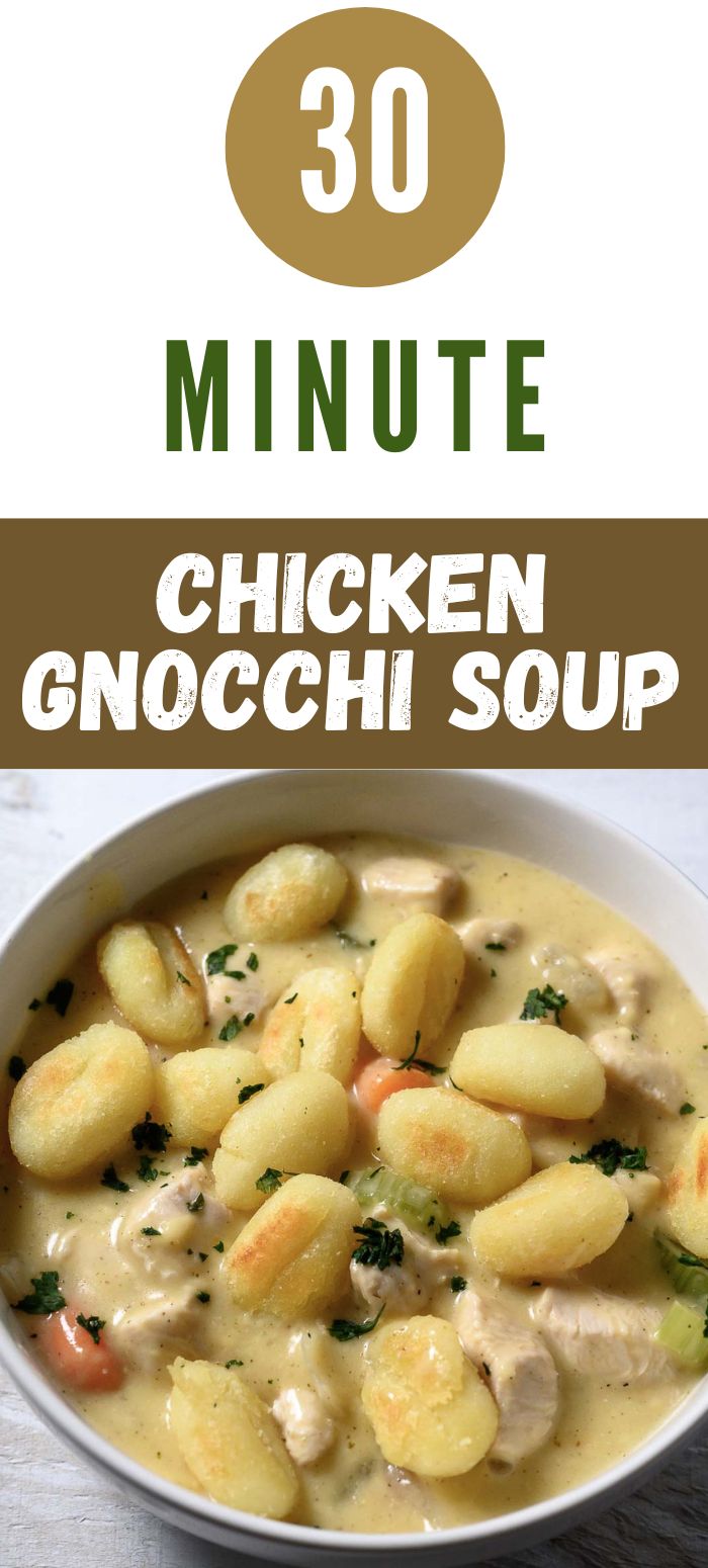 30 minute chicken gnocchi soup in a bowl.