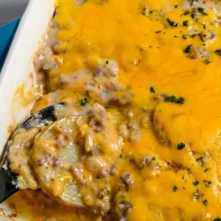 Ground Beef and Potato Casserole in a baking dish.