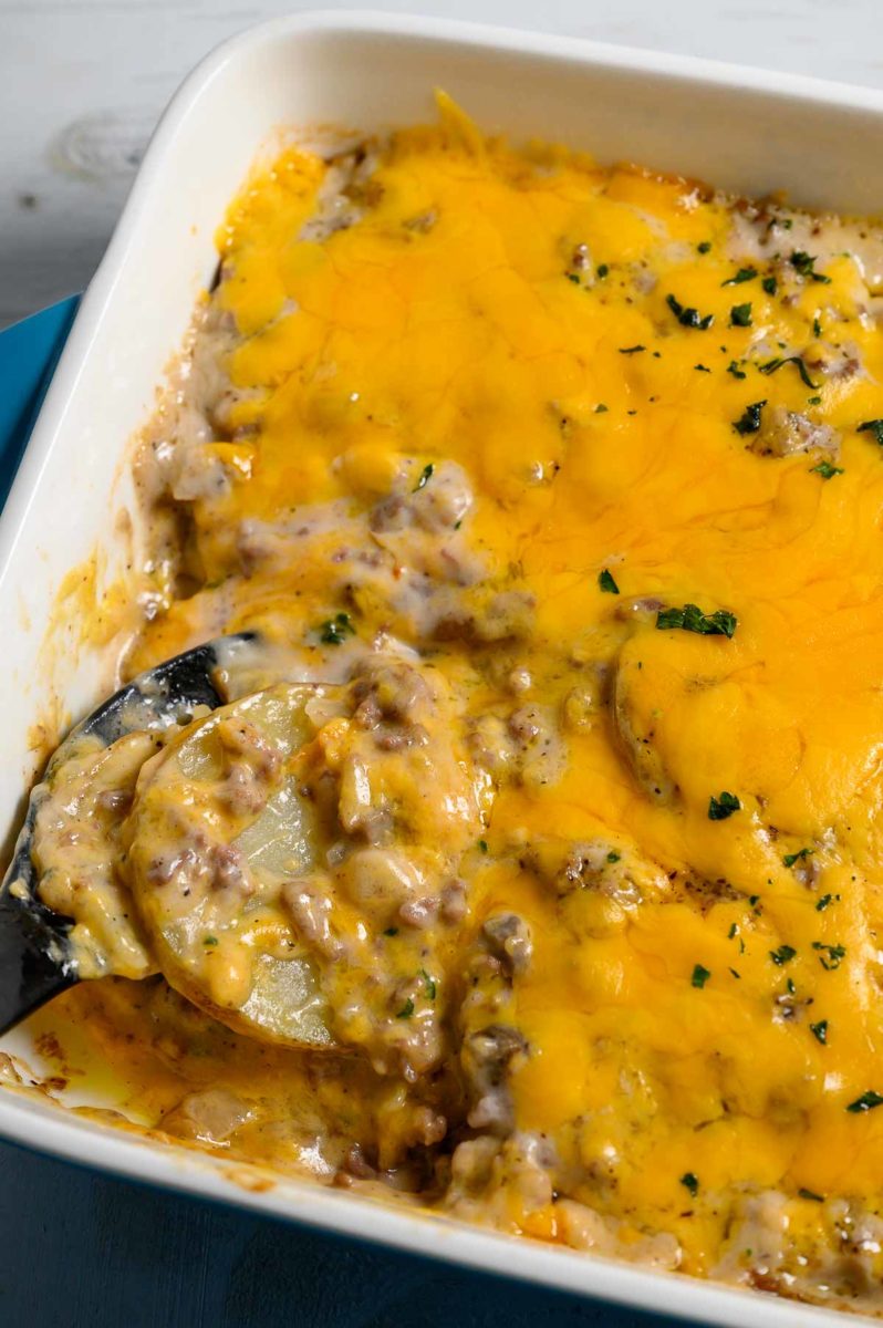 Ground Beef and Potato Casserole in a baking dish.