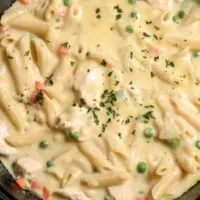 Chicken Pot Pie Pasta in a skillet.