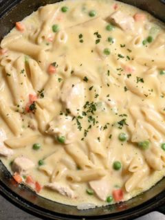 Chicken Pot Pie Pasta in a skillet.