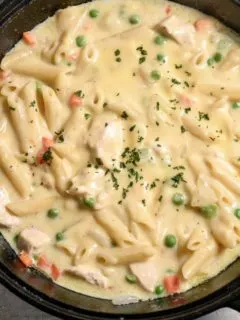 Chicken Pot Pie Pasta in a skillet.