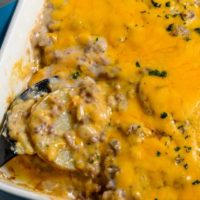 Ground Beef and Potato Casserole in a baking dish.