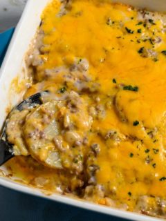 Ground Beef and Potato Casserole in a baking dish.