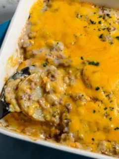 Ground Beef and Potato Casserole in a baking dish.