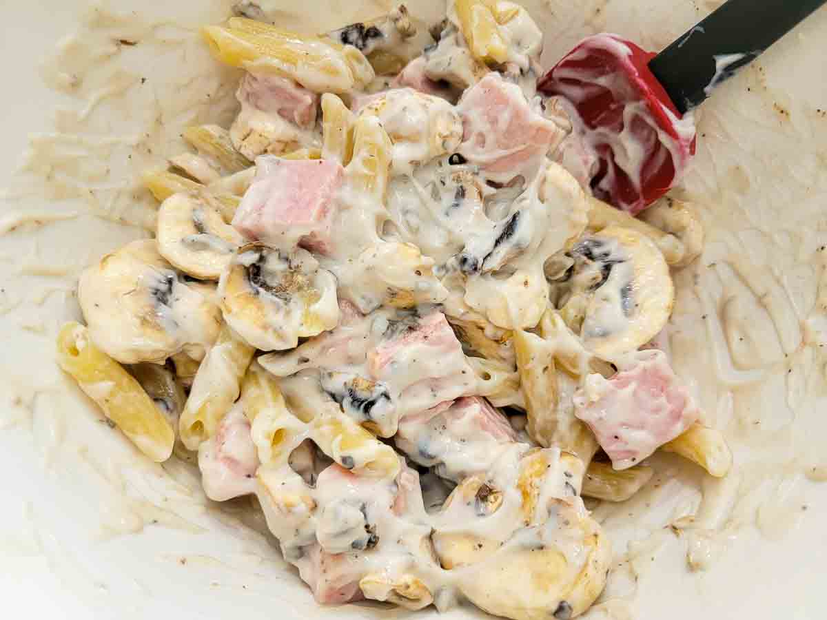 pasta, mushrooms, spam, and cream of mushroom soup mixed in a bowl.